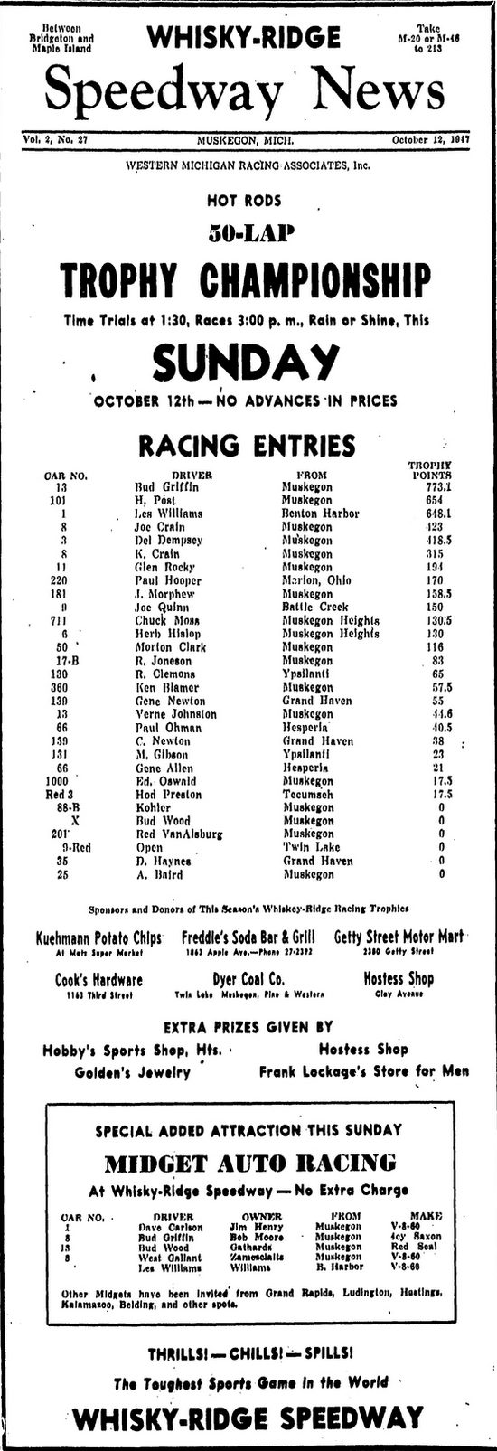 Whiskey Ridge Raceway (Whiskey Ridge Speedway, Whisky Ridge) - October 1947 Ad